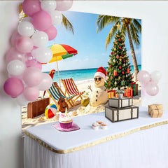 Lofaris Tropical Beach Christmas Backdrop with Snowman and Palm Trees, Festive Holiday Scene Background for Party Decor and Photography.