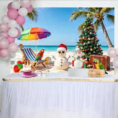 Lofaris Tropical Christmas Backdrop with Snowman, Palm Trees and Gifts, Vibrant Holiday Background for Festive Beach Party Decor