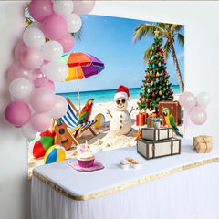 Lofaris Tropical Christmas Backdrop with Snowman, Palm Trees and Gifts, Vibrant Holiday Background for Festive Beach Party Decor