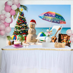 Lofaris Tropical Christmas Backdrop with Sand Snowman and Palm Tree, Vibrant Beach Holiday Background for Summer Party Photography