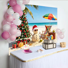 Lofaris Tropical Christmas Beach Backdrop with Sand Snowman and Palm Tree, Holiday Photography Background for Festive Party Decor