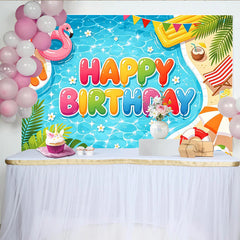 Lofaris Colorful Cartoon Summer Pool Birthday Backdrop with Flamingo Float and Beach Elements, Fun Party Background for Kids Photoshoot
