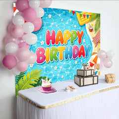 Lofaris Colorful Cartoon Summer Pool Birthday Backdrop with Flamingo Float and Beach Elements, Fun Party Background for Kids Photoshoot