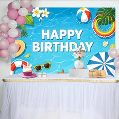 Lofaris Blue Water Summer Birthday Backdrop with Beach Ball and Tropical Leaves, Vibrant Pool Party Background for Kids Photoshoot Decor