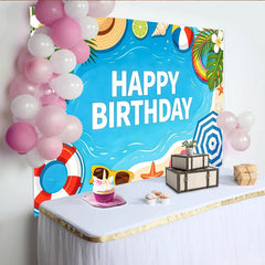 Lofaris Vibrant Summer Beach Birthday Backdrop with Palm Leaves and Ocean, Playful Tropical Party Background for Kids Photoshoot