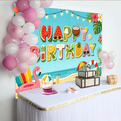 Lofaris Summer Beach Happy Birthday Backdrop with Tropical Elements, Vibrant Ocean Party Photography Background Decor