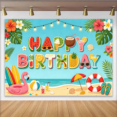 Lofaris Summer Beach Happy Birthday Backdrop with Tropical Elements, Vibrant Ocean Party Photography Background Decor