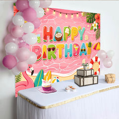 Lofaris Pink Summer Cartoon Birthday Backdrop with Tropical Beach and Flamingo, Vibrant Party Background for Kids Photoshoot
