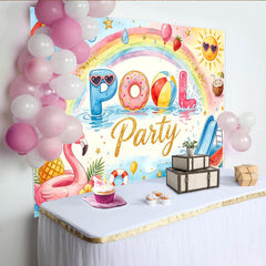 Lofaris Watercolor Pool Party Birthday Backdrop with Rainbow and Flamingo, Summer Water Slide Background for Kids Party Photoshoot.