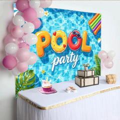 Lofaris Vibrant Blue Summer Pool Party Photography Backdrop, with Inflatable Letters and Tropical Leaves, Fun Celebration Background