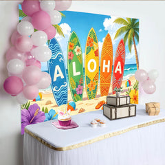 Lofaris Tropical Aloha Surfboard Photography Backdrop with Palm Trees, Vibrant Summer Beach Background for Luau Party Decor and Photoshoot
