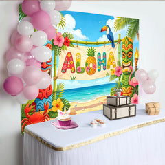 Lofaris Vibrant Aloha Tropical Photography Backdrop with Tiki Totems and Palm Trees, Beach Scene Background for Luau Party Decoration