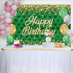 Lofaris Emerald Green Tufted Happy Birthday Backdrop with Gold Glitter Balloons, Luxurious Party Background for Photo Booth Decor