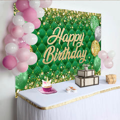 Lofaris Emerald Green Tufted Happy Birthday Backdrop with Gold Glitter Balloons, Luxurious Party Background for Photo Booth Decor