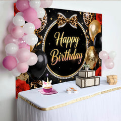 Lofaris Black Gold Leopard Print Happy Birthday Backdrop with Balloons, Elegant Party Decor for Women Girls Birthday Celebration