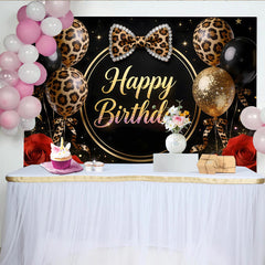 Lofaris Elegant Black and Gold Leopard Print Birthday Backdrop, Glitter Balloons and Red Roses Photo Background for Women