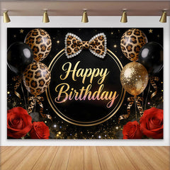 Lofaris Elegant Black and Gold Leopard Print Birthday Backdrop, Glitter Balloons and Red Roses Photo Background for Women