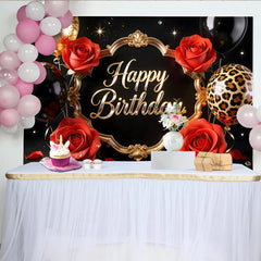 Lofaris Black and Gold Happy Birthday Backdrop with Red Roses and Balloons, Elegant Leopard Print Party Background for Women Photography