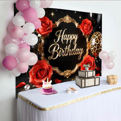 Lofaris Black and Gold Happy Birthday Backdrop with Red Roses and Balloons, Elegant Leopard Print Party Background for Women Photography