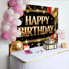 Lofaris Black and Gold Leopard Print Birthday Backdrop with Balloons and Roses, Elegant Party Background for Women and Girls Photoshoot