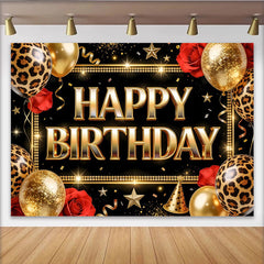 Lofaris Black and Gold Leopard Print Birthday Backdrop with Balloons and Roses, Elegant Party Background for Women and Girls Photoshoot