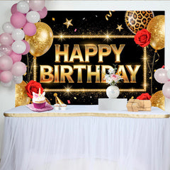 Lofaris Elegant Black and Gold Happy Birthday Backdrop with Glitter Balloons, Leopard Print Party Decor and Photo Booth Background