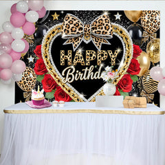 Lofaris Glamorous Leopard Print Birthday Backdrop with Gold Chain, Elegant Party Decor and Photo Booth Background