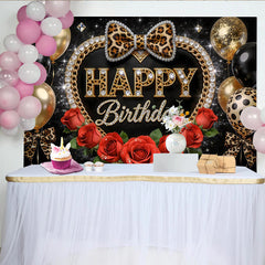Lofaris Leopard Print Black and Gold Birthday Backdrop with Red Roses and Balloons, Glamorous Party Background for Women and Girls Photoshoot