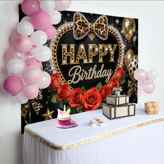 Lofaris Leopard Print Black and Gold Birthday Backdrop with Red Roses and Balloons, Glamorous Party Background for Women and Girls Photoshoot