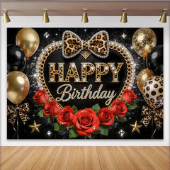 Lofaris Leopard Print Black and Gold Birthday Backdrop with Red Roses and Balloons, Glamorous Party Background for Women and Girls Photoshoot