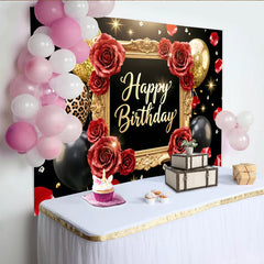 Lofaris Black and Gold Rose Birthday Backdrop with Balloons and Leopard Print, Luxurious Party for Women and Girls Photography