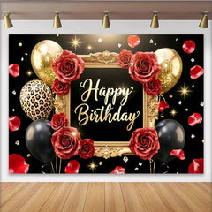Lofaris Black and Gold Rose Birthday Backdrop with Balloons and Leopard Print, Luxurious Party for Women and Girls Photography
