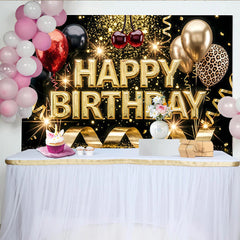 Lofaris Sparkling Black and Gold Glitter Birthday Backdrop with Balloons, Leopard Print and Golden Streamers Luxurious Photo Booth Prop