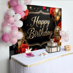 Lofaris Black Gold Red Rose Birthday Backdrop with Glitter Balloons and Leopard Print, Elegant Party Background for Women