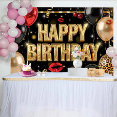 Lofaris Black and Gold Glitter Happy Birthday Backdrop with Balloons, Elegant Party Background for Adult Celebration and Photoshoot
