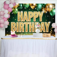 Lofaris Gold Green Glitter Birthday Backdrop with Balloons for Party Decoration, Festive Sparkling Photo Booth Background for Photoshoot