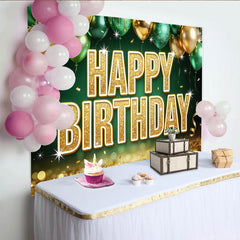 Lofaris Gold Green Glitter Birthday Backdrop with Balloons for Party Decoration, Festive Sparkling Photo Booth Background for Photoshoot