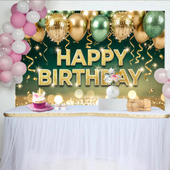 Lofaris Glitter Gold Green Happy Birthday Backdrop with Balloons and Bokeh, Elegant Party Decoration for Photoshoot and Event