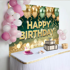 Lofaris Glitter Gold Green Happy Birthday Backdrop with Balloons and Bokeh, Elegant Party Decoration for Photoshoot and Event
