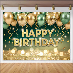 Lofaris Glitter Gold Green Happy Birthday Backdrop with Balloons and Bokeh, Elegant Party Decoration for Photoshoot and Event