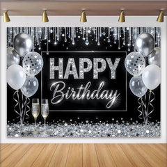Lofaris Elegant Black and Silver Glitter Happy Birthday Backdrop with Balloons, Sparkling Celebration Background for Adult Party Photography