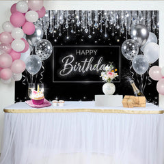 Lofaris Black and Silver Happy Birthday Backdrop with Balloons, Elegant Glitter Party Decor for Photoshoot