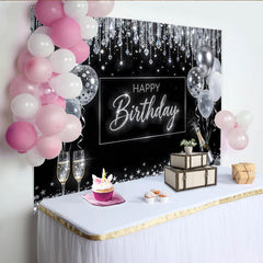 Lofaris Black and Silver Happy Birthday Backdrop with Balloons, Elegant Glitter Party Decor for Photoshoot