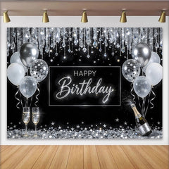 Lofaris Black and Silver Happy Birthday Backdrop with Balloons, Elegant Glitter Party Decor for Photoshoot