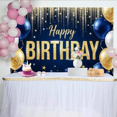 Lofaris Gold Blue Glitter Happy Birthday Backdrop with Balloons and Stars, Elegant Party Decoration Background for Photo Booth Props