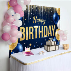 Lofaris Gold Blue Glitter Happy Birthday Backdrop with Balloons and Stars, Elegant Party Decoration Background for Photo Booth Props