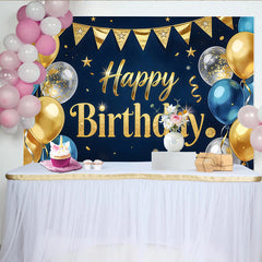 Lofaris Dark Blue and Gold Glitter Happy Birthday Backdrop, Elegant Party Background with Balloons for Photography