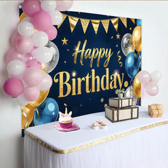 Lofaris Dark Blue and Gold Glitter Happy Birthday Backdrop, Elegant Party Background with Balloons for Photography