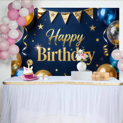 Lofaris Elegant Blue and Gold Glitter Happy Birthday Backdrop with Balloons, Luxurious Party Background Decor for Celebrations