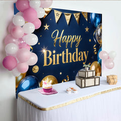 Lofaris Elegant Blue and Gold Glitter Happy Birthday Backdrop with Balloons, Luxurious Party Background Decor for Celebrations